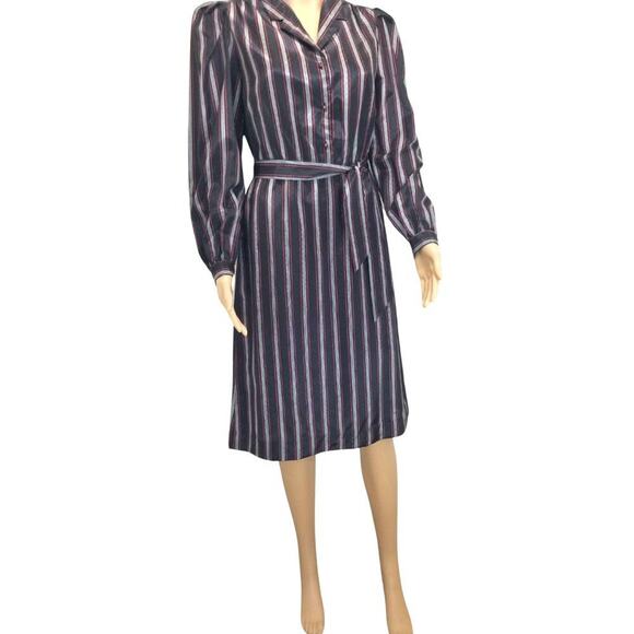 1980s Striped Metallic Long Sleeve Midi Dress Button Up Belted Vintage Size 7/8 - Picture 2 of 8